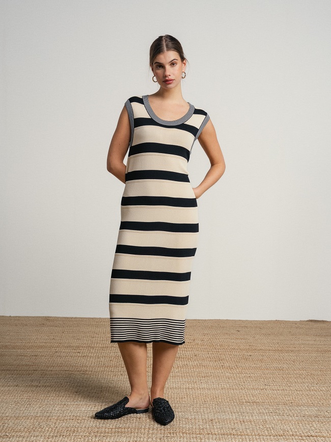 VESTIDO MIDI CON RAYAS ASIMETRICAS - Imagen 2