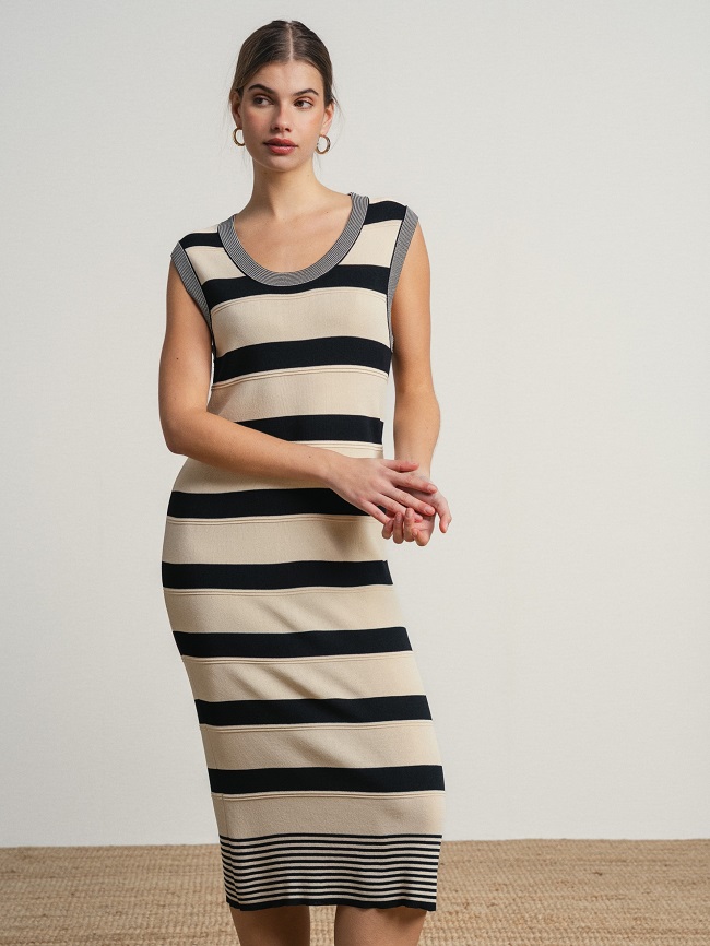 VESTIDO MIDI CON RAYAS ASIMETRICAS